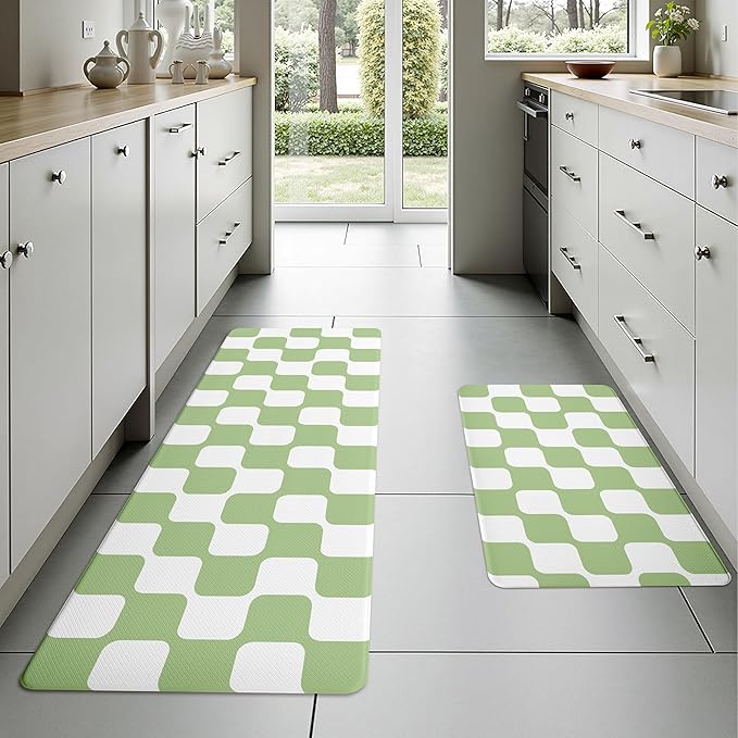 Fresh Green Retro Curvy Checkered Grid Checkerboard Kitchen Rug Sets [2 PCs], Anti-Fatigue, Waterproof Non-Slip Kitchen Mats Heavy Duty Comfort Foam Rug for Floor, Home, Laundry,17"x29"+17"x47"