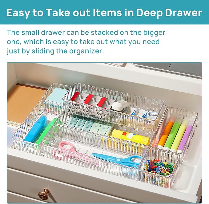 Vtopmart 7 PCS Clear Makeup Drawer Organizers Bins, 4-Size Stackable Makeup and Vanity Organizer Trays, Acrylic Bathroom Storage Containers for Cosmetic, Toiletries, Office Supply, Utensils, Gadgets | Vanity Organizer Trays for Makeup, Cosmetics, Jewel...