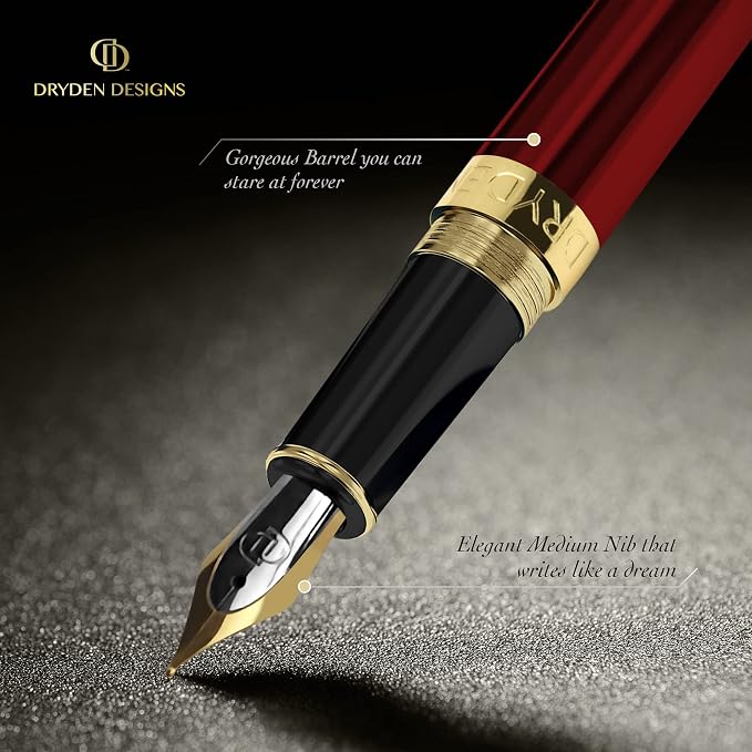 Dryden Designs Fountain Pen - Medium and Fine Nibs | Includes Luxury Box, Ink Cartridges - 3 Black 3 Blue and Ink Refill Converter - Royal Red