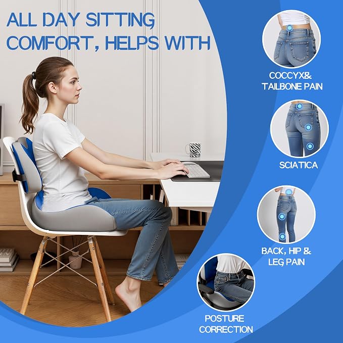 Benazcap Large Memory Foam Seat Cushion Lumbar Support Pillow for Sciatica & Tailbone Pressure Relief Coccyx Pad for Office Chair, Wheelchair, Car, Home, Office, Blue
