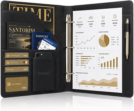 Darolin Leather Portfolio 3 Ring Binder Business Resume Folder -Black | Premium Padfolio Binder Fits A4, Letter Size, Document Organizer for Meetings, Interviews, Travel, Padfolio for Women Men