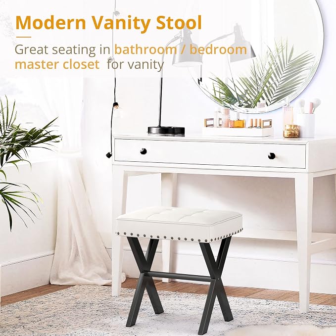 LUE BONA White Vanity Stool - Square Faux Leather Makeup Seat With Metal X Legs, Small Ottoman Chair for Makeup Room, Living Room, Bathroom - Padded Foot Rest