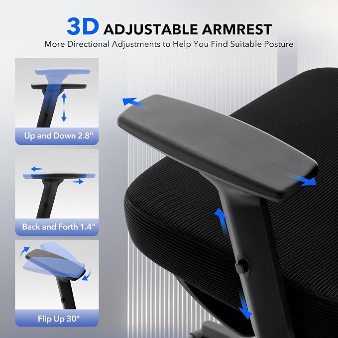 Office Chair Ergonomic Desk Chair - Home Mesh Office Desk Chair with Adjustable Lumbar Support, High-Back Computer Gaming Chair with Headrest 3D Armrests, Rolling Swivel Task Chairs for Home, Office