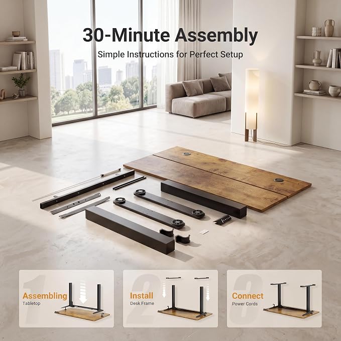 Claiks Electric Standing Desk 55x24 Inch Adjustable Desk, Rustic Brown | 156lbs weight capacity, 3 memory presets, industrial steel frame, cable management hub, adjustable height , easy assembly