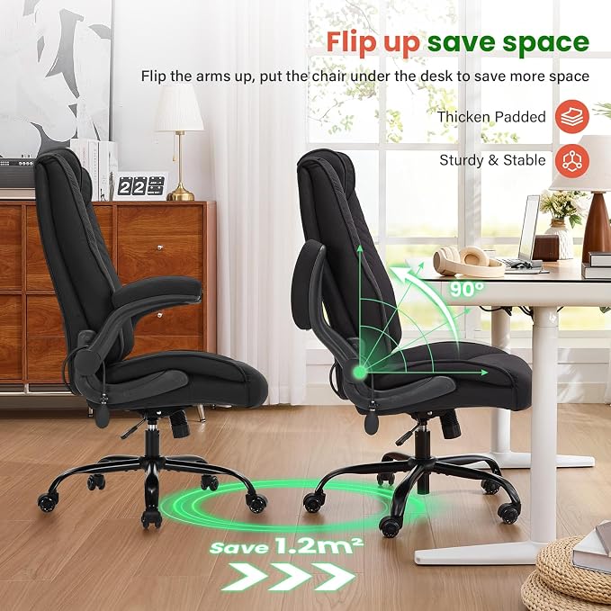 CIOMAN 500lbs Big and Tall Office Chair with Inflatable Lumbar Support, Rubber Wheels Executive Chair with Rocking Function, High Back Wide Cushion Ergonomic Desk Chair for All-Day Sitting,Matte Black