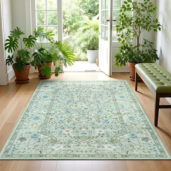 Vasofe 3x5 Area Rug for Bedroom, Washable Rugs for Living Room, Laundry, Kitchen, Vintage Floral Indoor Non Slip Carpet Farmhouse Green Throw Carpets Soft Low Pile Mat for Dorm Bedside Entryway Office