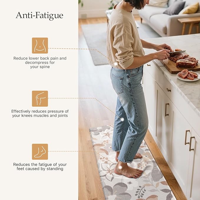 GENIMO Anti Fatigue Kitchen Mats for Floor 2PCS, Cushioned Standing Mats | 17.3"x47"&17.3"x30", Grey vintage floral rug set, waterproof, non slip, easy-clean for farmhouse