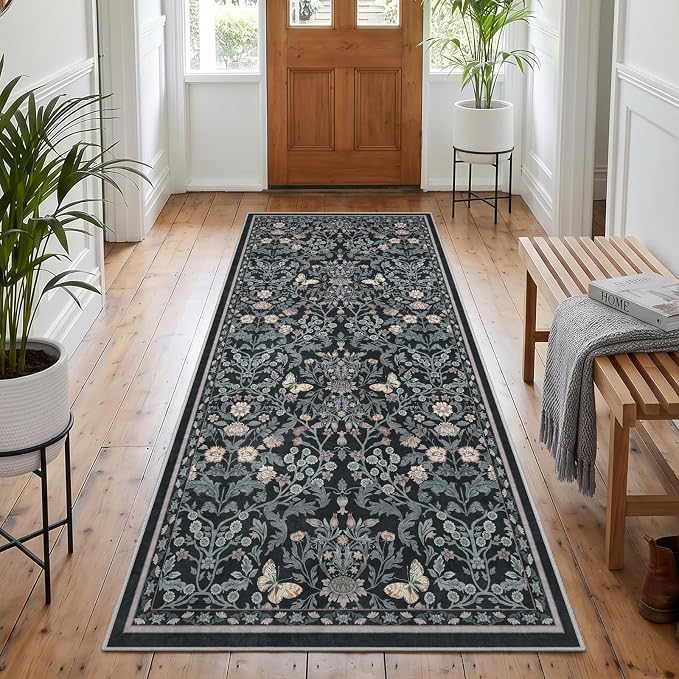 Puino Washable 3x7 Runner Rug: Soft Vintage Floral Non Slip Rubber Backing Floor Mat for Hallway Low Pile Stain Resistant Carpet for Entryway Kitchen Bedroom Bathroom Bedside Home Decor Dark Botanical