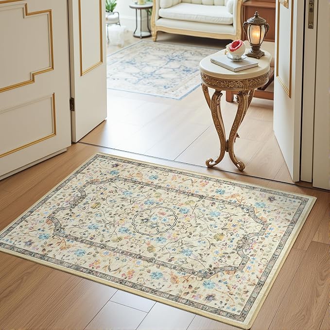 Vasofe 2x3 Area Rug for Bedroom, Small Rugs for Entryway, Kitchen, Bathroom, Non-Slip Washable Carpet Soft Low Pile Vintage Floral Beige Mat Front Door Mats for Indoor Entrance