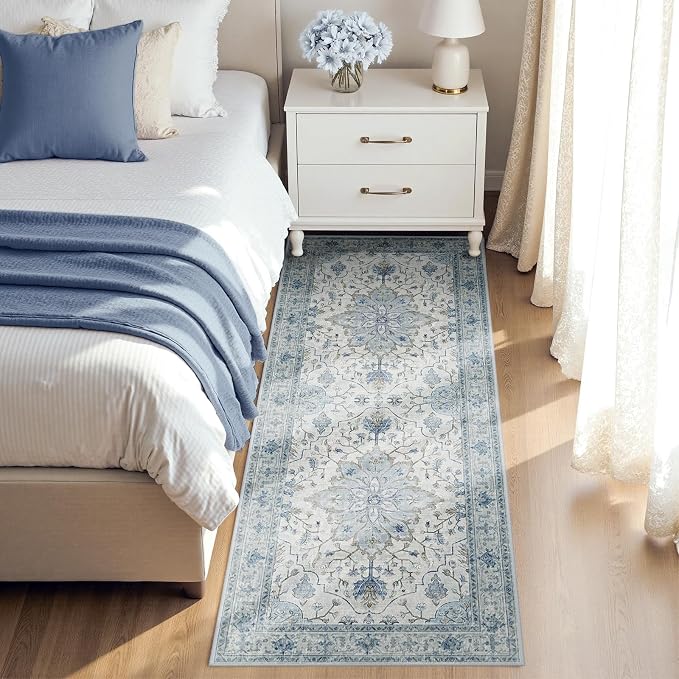 RELEANY Area Rugs Runner 2'x5' Washable Non-Slip, Floral Vintage Distress Medallion Carpet for Kitchen Hallway Bedroom Beside Laundry Room Bathroom, Light Blue Navy Gray White