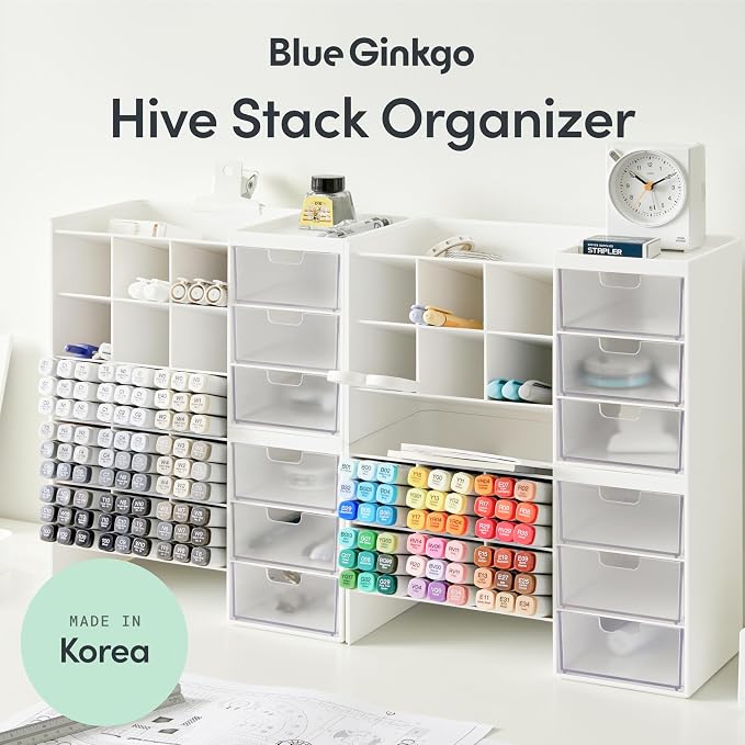 Blue Ginkgo Stackable Desk & Pen Organizer, White, Made in Korea | Multi-Compartment. 3 Transparent Drawers. Easy Access.