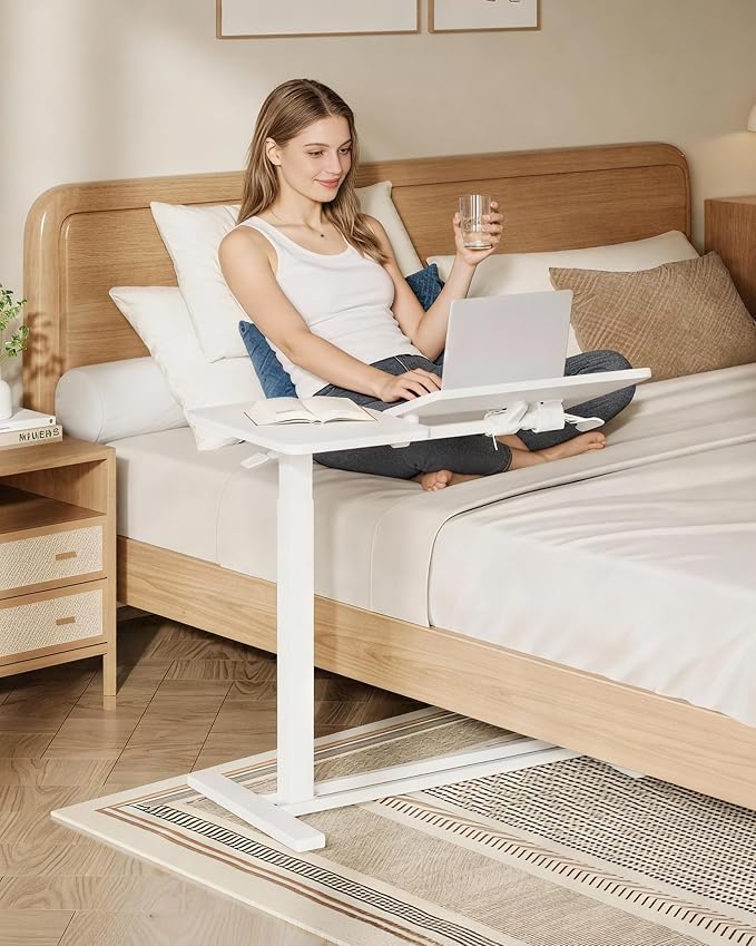 SANODESK 32''Overbed Table Gas Spring Lifting with Wheels&Tilting Desktop | Rolling Mobile Laptop Desk End Table,Portable Computer Workstation for Home Office,Sofa,Bedside,31.5" W x 17.7" D,White