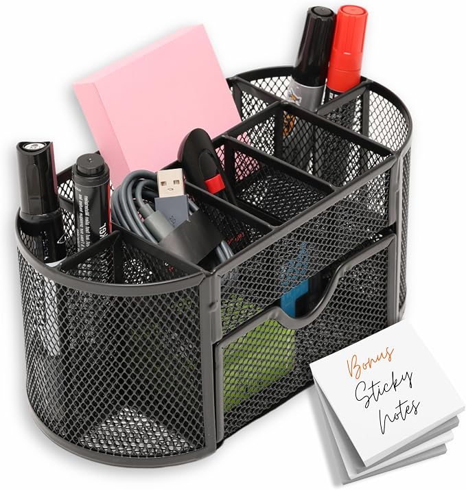 Pen Holder Desk Organizer – 9-Compartment Pencil Holder Desk Organizer with Drawer Tray – Desktop Organizer for Office Supplies and Stationery – Pen Holder for Home, Office, School - Black