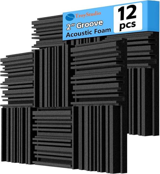 TroyStudio Thick Acoustic Foam Panels, 12 X 12 X 2 Inch 12 Pcs Broadband Sound Absorbing Foam, Dense Soundproof Padding Tile, Recording Studio Foam Absorber, Groove Decorative 3D Wall Ceiling Panel