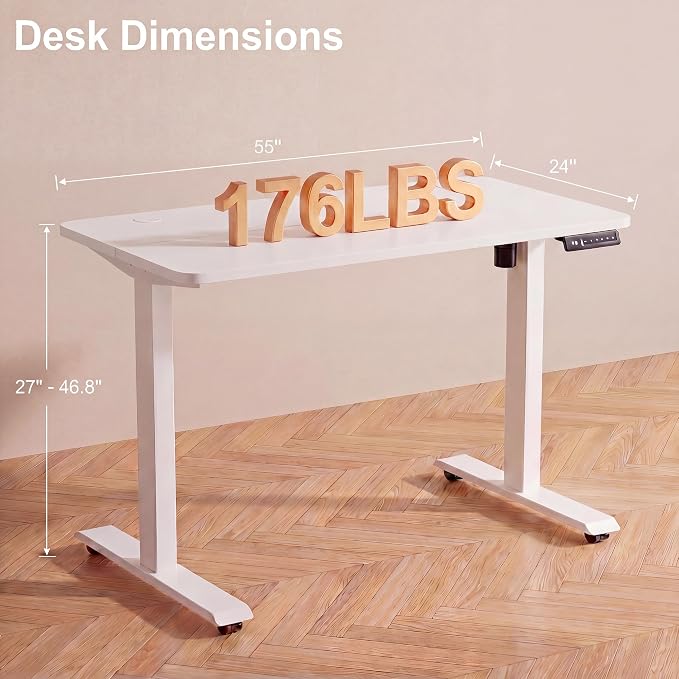 Electric Standing Desk with Power Outlets and USB-C Port, 55 x 24 Inches Adjustable Height Sit Stand Up Desk for Home Office, Adjustable Desk with Memory Preset and Wheels, White