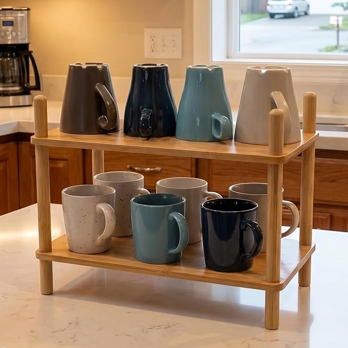 2-Tier Bamboo Coffee Bar Organizer,Coffee Bar Accessories, Mul-tifunctional Wooden Beaded Coffee Station Countertop Stand Shelf for Kitchen Home Office,Counter Riser Display Shelf for Top of Desk Home