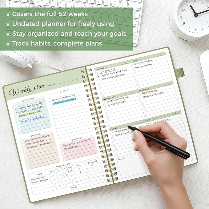 Oucaru Undated Weekly Planner, 8.5"x11", A4 Size To Do List Notebook with Goal & Habit Tracker Organizer, 52 Weekly Planner Notebook with Spiral Binding for Office Home School Supplies