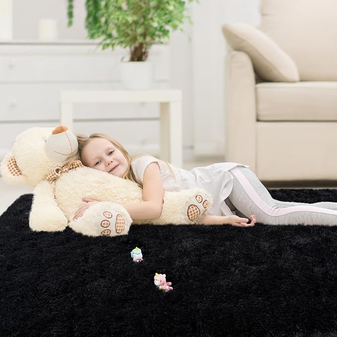 Black Area Rug for Bedroom, 2x3 Small Rugs for Living Room Nursery Kids Room Dorm Home Decor Aesthetic, Fluffy Shaggy Rug with 4 Anti-Slip Carpet Tapes