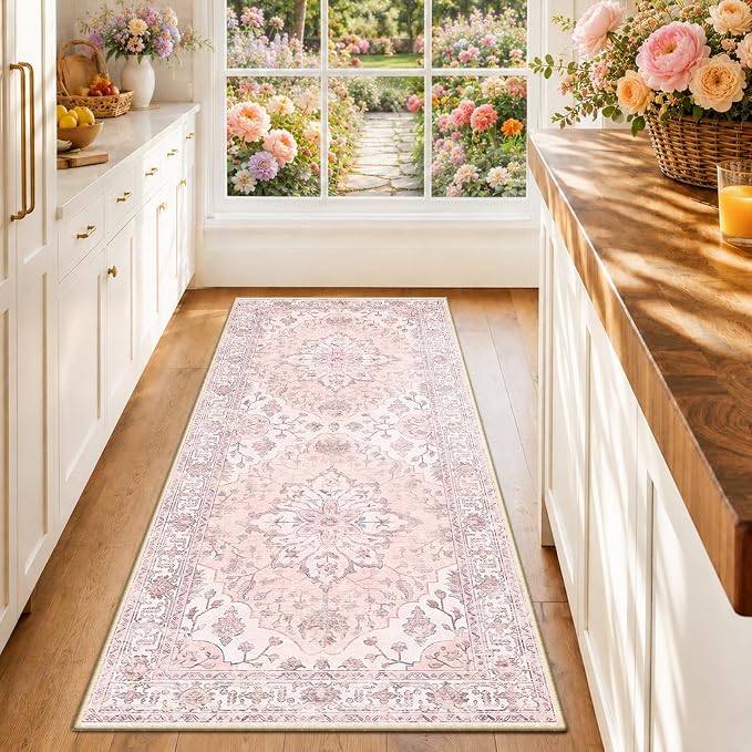 RELEANY Area Rugs Runner 2'x6' Washable Non-Slip, Floral Vintage Distress Medallion Carpet for Kitchen Hallway Bedroom Beside Laundry Room Bathroom, Pink Greypink Cute