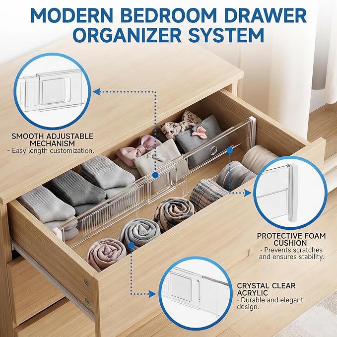 8 Pack Drawer Dividers 6" High - Tall Acrylic Drawer Divider for Clothes, 12.3-18" Adjustable Dresser Deep Drawer Dividers,Expandable Dresser Separators for Kitchen Office Baby Clothing (8)