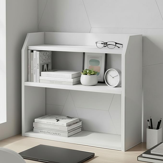 Tangkula 3-Tier Desktop Bookshelf, Wooden Countertop Bookcase with Guardrails, Space-Saving Desk Display Hutch Shelf, Modern Tabletop Storage Organizer for Study Room, Office and Dormitory (1,White)