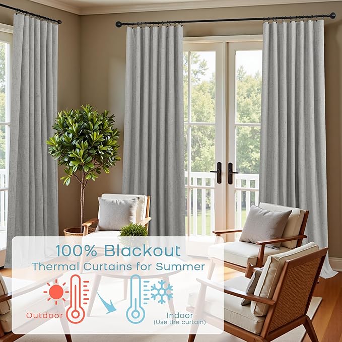KOUFALL 92 Inch Linen Blackout Curtains, Thermal Insulated Room Darkening Drapes for Living Room Bedroom Large Window Floor Length 2 Panel Set, 52" W x 92" L, Light Grey