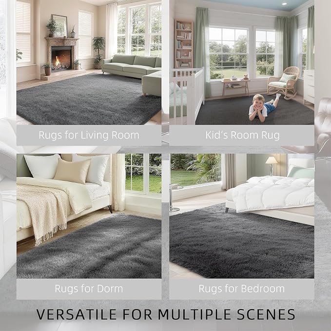 Ultra Soft Shag 8x10 Gray Area Rug – 8x10 Rugs for Living Room, Non-Slip, Fluffy Plush Large Carpet, Shaggy Furry Rug for Bedroom, Dorm, Kids and Girls Room, Nursery, Home Office Décor