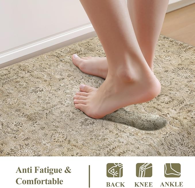 Anti Fatigue Kitchen Mats for Floor, Waterproof Kitchens Sink Rugs Cushioned Comfort Standing Desk Mat, Khaki Vintage Non Slip Floral Foam Rug for Laundry, House, Office, 17.3''x28''