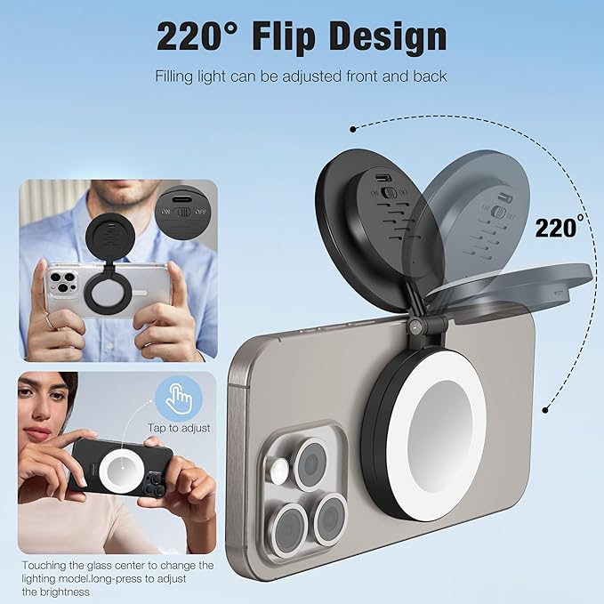 Magnetic Selfie Light for Laptop, iPhone, iPad, Built-in Mirror, Portable Phone Ring Light with 3 CCT & 10 Levels of Brightness, Selfie Ring Fill Light for Streaming, Vlogging, Podcasting