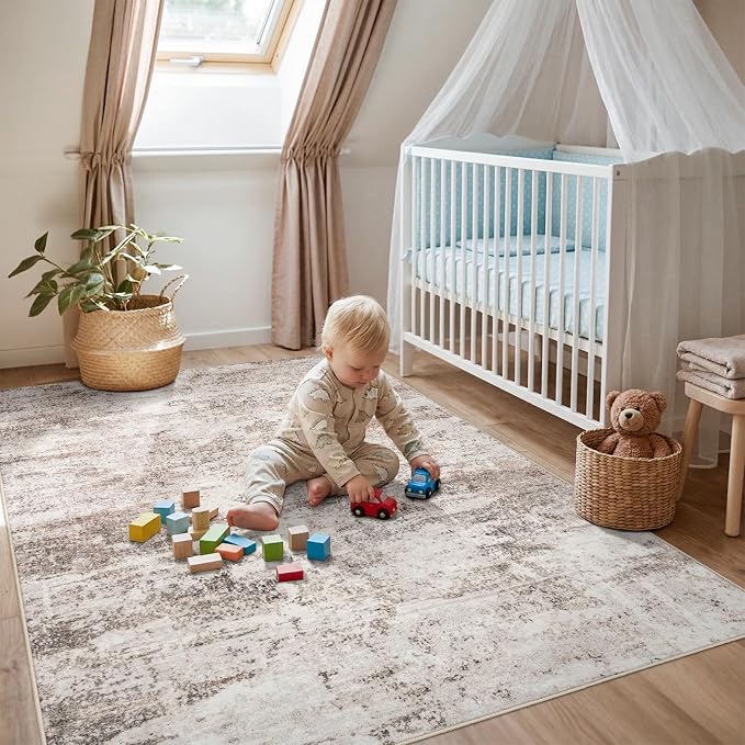 5x7 Area Rugs for Living Room: Abstract Washable Non Slip Bedroom Rug for Nursery Office - Modern Ultra Thin Stain Resistant Soft Low-Pile Throw Carpet for Boho Vintage Home Decor (5X7 Beige-Brick)