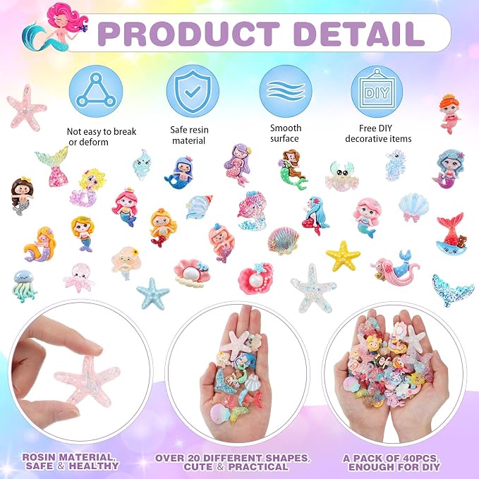 Giegxin 40 Pcs Summer Mermaid Resin Charm Seabed Seashells Crabs Mermaid Tails Flatback Cabochon Accessories Cute Embellishments Bulk for Jewelry Cellphone Case Scrapbooking Headband DIY Craft Making