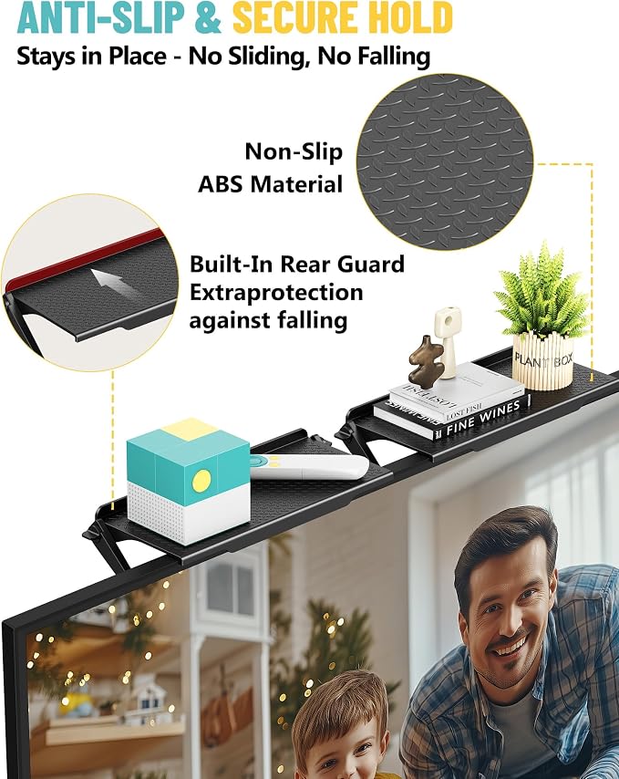 TV Top Shelf, 2 Pack Monitor Top Shelf No Drilling TV Shelf for Cable Box, Router, Streaming Device, Game Console, Remote, TV Accessories for Apple tv Mount,Keep Organized and Secure