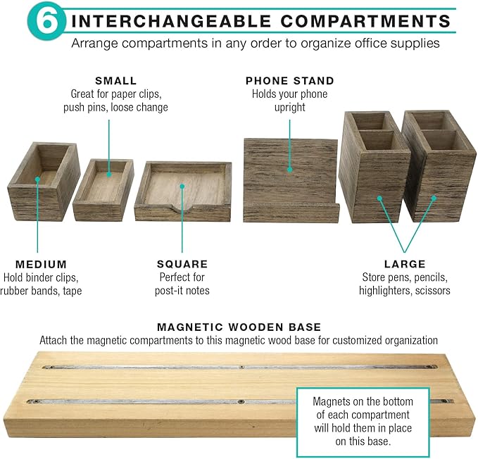 Excello Global Products Magnetic Desk Organizer | 6 Removable Compartments for Pens, Pencils, Post-Its, Paperclips, Cell Phone and Office Supplies (Brown)