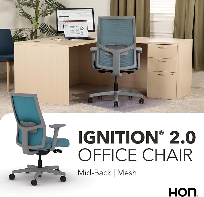 HON Ignition 2.0 Mid‑Back Ergonomic Office Chair, Mesh Task Seating with Lumbar Support, Advanced Synchro‑Tilt, Height and Width Adjustable Arms, Titanium Frame, Sky
