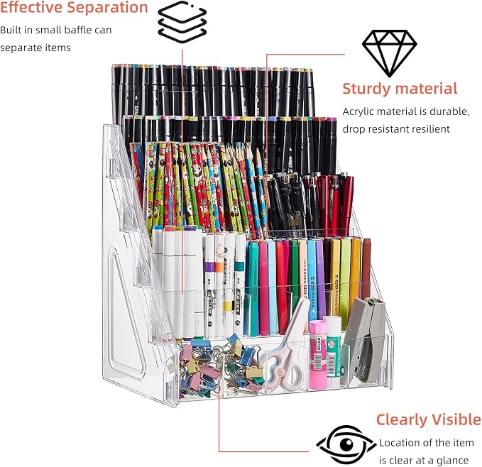 Acrylic Pen Pencil Holder for Desk With 25 Compartment Desk Organizers and Accessories,Durable Material Can Hold Pen Brush Cosmetic Scissor Clip Tape staplers Fit Home Office School(5 Tier)
