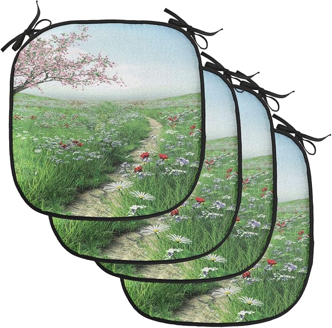 Lunarable Flower Chair Cushion Pads Set of 4, Pathway with Cherry Blossom Tree Wildflowers Grassland Country Village Nature Art, Anti-Slip Seat Padding for Kitchen & Patio, 16"x16", Green Blue