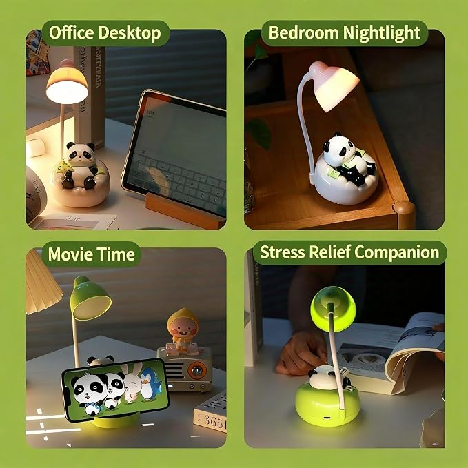 Cute Panda Night Light with Phone Stand & Storage, Rechargeable Bedside Lamp, 3-Level Touch Control Adjustable, LED Desk Lamp with USB for Bedroom Study Room, Boys Girls Gift (Green)