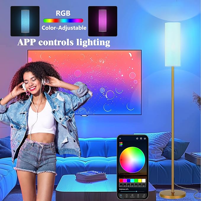 Qaubauyt Smart LED Floor Lamp with APP Control & RGB Colors - Dimmable Standing Lamp for Living Room, Bedroom, Gaming - Remote, Timer, 9W Bulb Included, 67" Modern Tall Lamp (Gold)