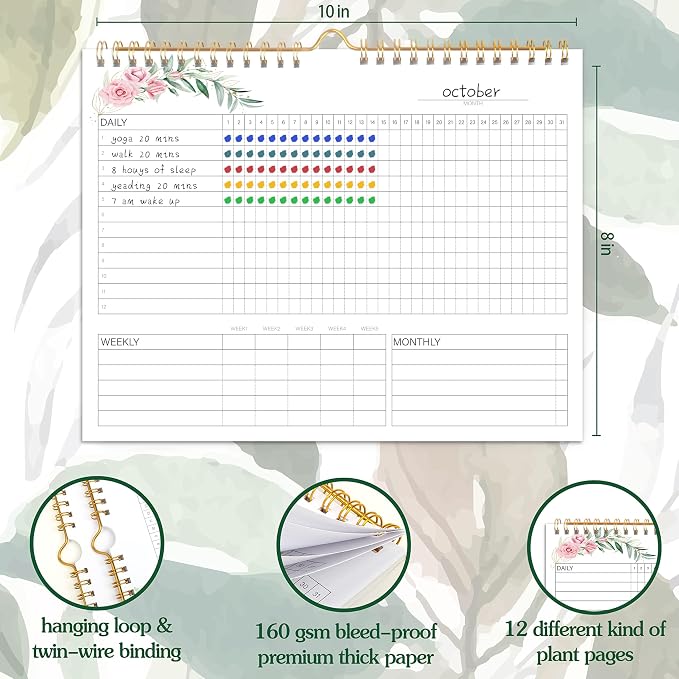 Habit Tracker Calendar - 12 Months Undated Daily Weekly & Monthly Period Habit Tracker Journal, Greenery Floral, Spiral Binding & Hanger, 7.8"x10"