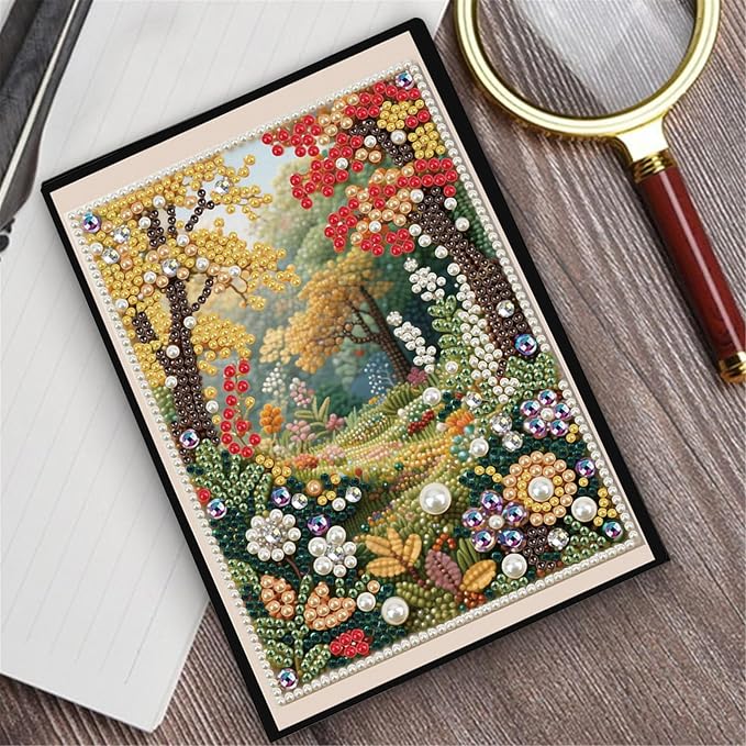 FRANDEK Pearl Painting Notebook Kit, Autumn Forest A5 DIY Journal with 50 Blank Pages, Diamond Gem Art Cover with Waterproof Canvas, Beginner Craft Set with Full Tools for Adults