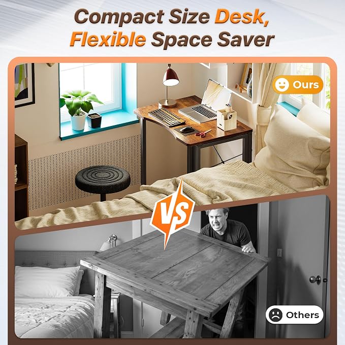 Huuger Folding Desk for Small Spaces, 23.6 Inch Foldable Computer Table, for Home Office, Study, Bedroom, Dorm, Space Saving, Small Writing Work Office Computer Desk, Easy to Fold, Rustic Brown