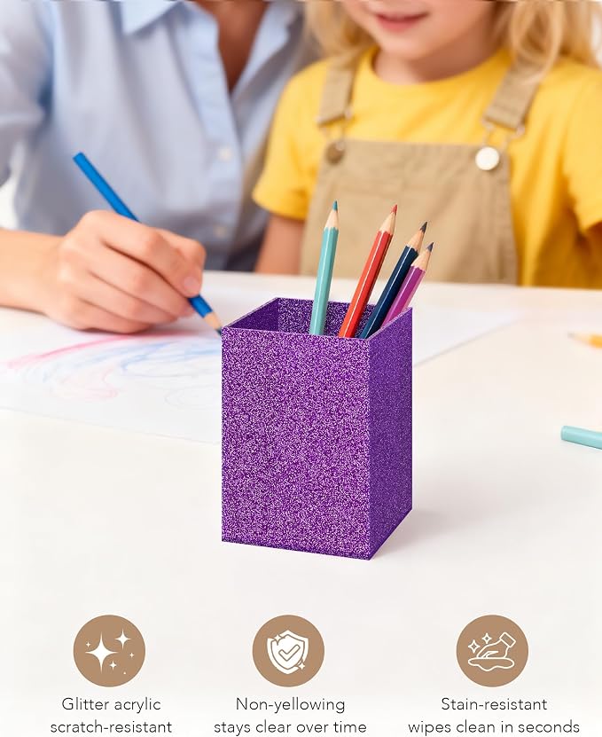 Acrylic Pen Holder Desk Organizer for Office, Purple Glitter | Sparkling glitter acrylic makeup brush and pencil holder for desk, Modern desktop organizer for home, school and office