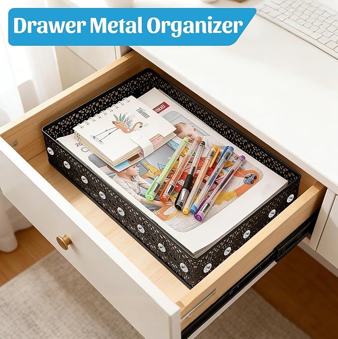 Desk Paper Tray Organizer, Metal Mesh Storage Basket for Office Home | Desktop Decorate Trays Organizing, Large Storage Basket for Office Supplies Mail File Print A4 Paper, Black, Pattern 2#