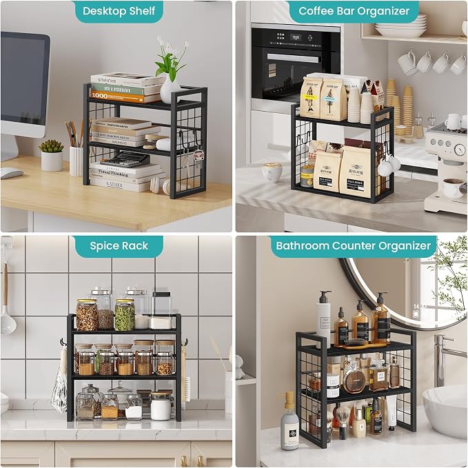 ELITEROO Desk Shelf Organizer, 2 Tier Wooden Desktop Bookshelf, Black | Desktop Shelf Organization, Adjustable Table Storage Rack, Mini Table Top Display Shelf for Home Office
