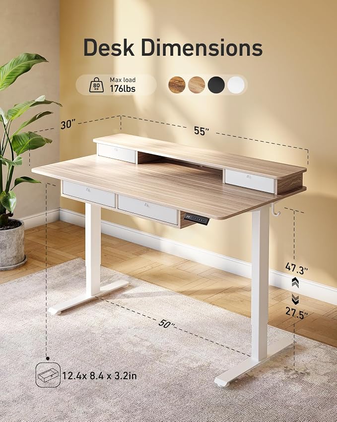 FEZIBO 60 x 30 inch Standing Desk with Drawers, Height Adjustable Electric Workstation, Computer Sit Stand Up Table with Large Storage Shelf 4 Drawers and 2 Hooks, Light Rustic Brown | Height Adjustable Workstation, Computer Sit Stand Up Office Table w...