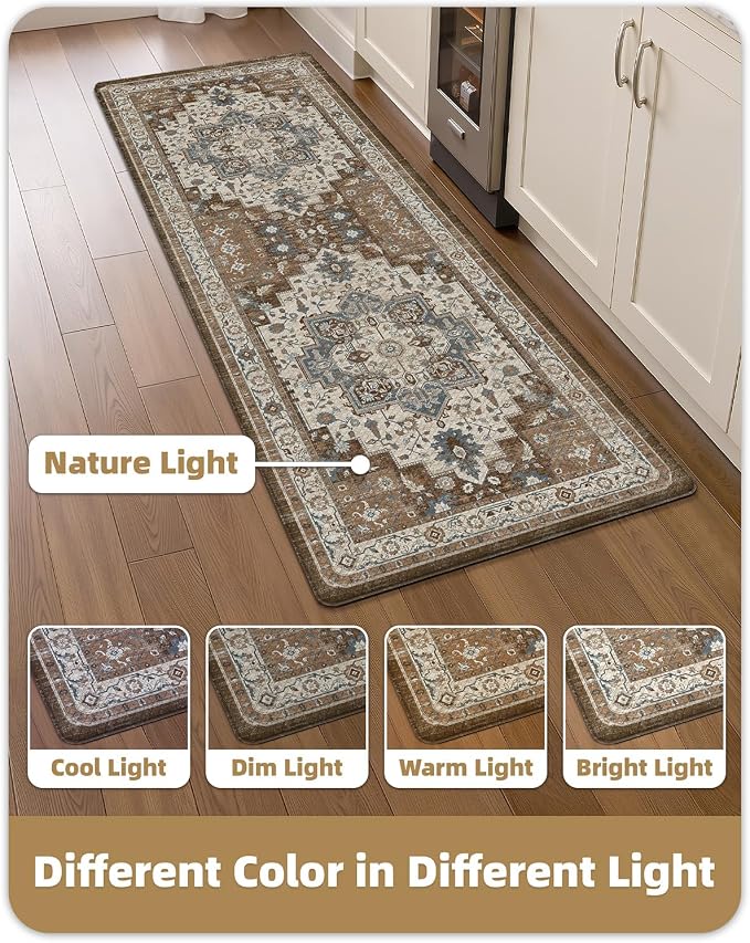 Color&Geometry Kitchen Floor Mat 24x59 Faded Vintage Anti Fatigue, Brown | 0.4in Cushion Standing Mat For Cooking/Working/Laundry, Boho Decor, Non Slip PVC Kitchen Rug, Oil/Water Proof, Anti Slip