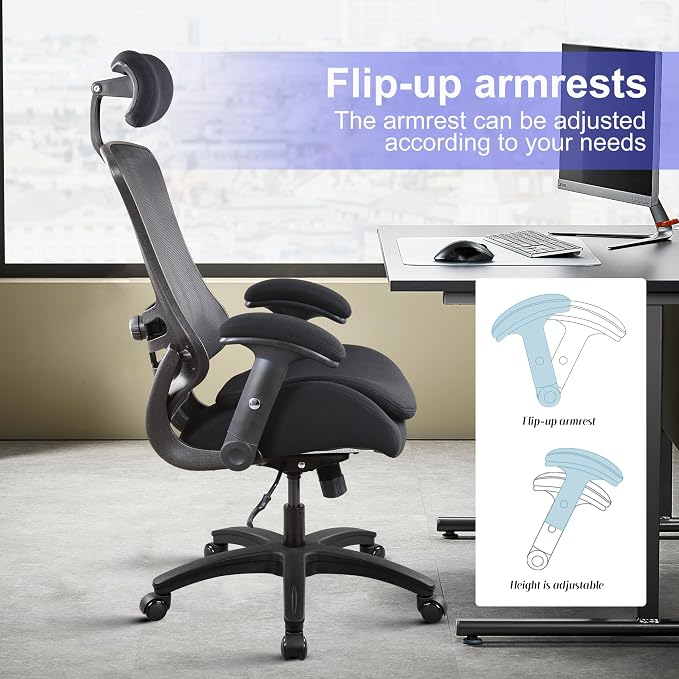 BOLISS Ergonomic Office Desk Chair High Back Heavy Duty 400lbs | Double-Layer Seat Cushion, Adjustable Headrest, Adjustable Lumbar Support, 2D Height Adjustable Flip-Up Arms