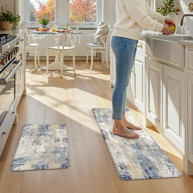 LEEVAN Anti Fatigue Kitchen Mats for Floor, Cushioned Kitchen Mat Set 2PCS | 17.3"x29"+17.3"x47", Modern Abstract Blue Kitchen Rugs Non-Slip, Waterproof Ergonomic Standing Mat for Laundry, Office, Sink