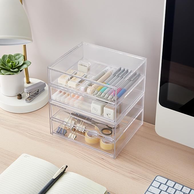 STORi Stackable Desk Drawer Organizer, Clear Pen Pencil Makeup Brush Holder for Desktops and Vanities, 4 Wide Drawers (Made in USA)