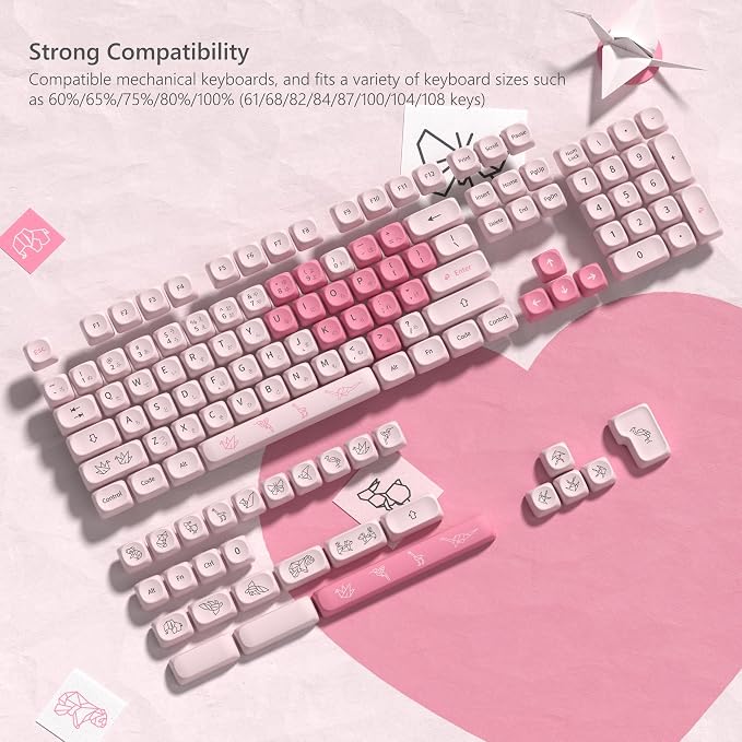 Womier Keyboard Keycaps - Pink Cute Keycap MOA Profile, PBT Dye-Sublimation Custom Key Caps Set 60% 65% 75% 100% Percent for Cherry MX, Kailh, Outemu, Gateron Mechanical Keyboards (Love Origami)